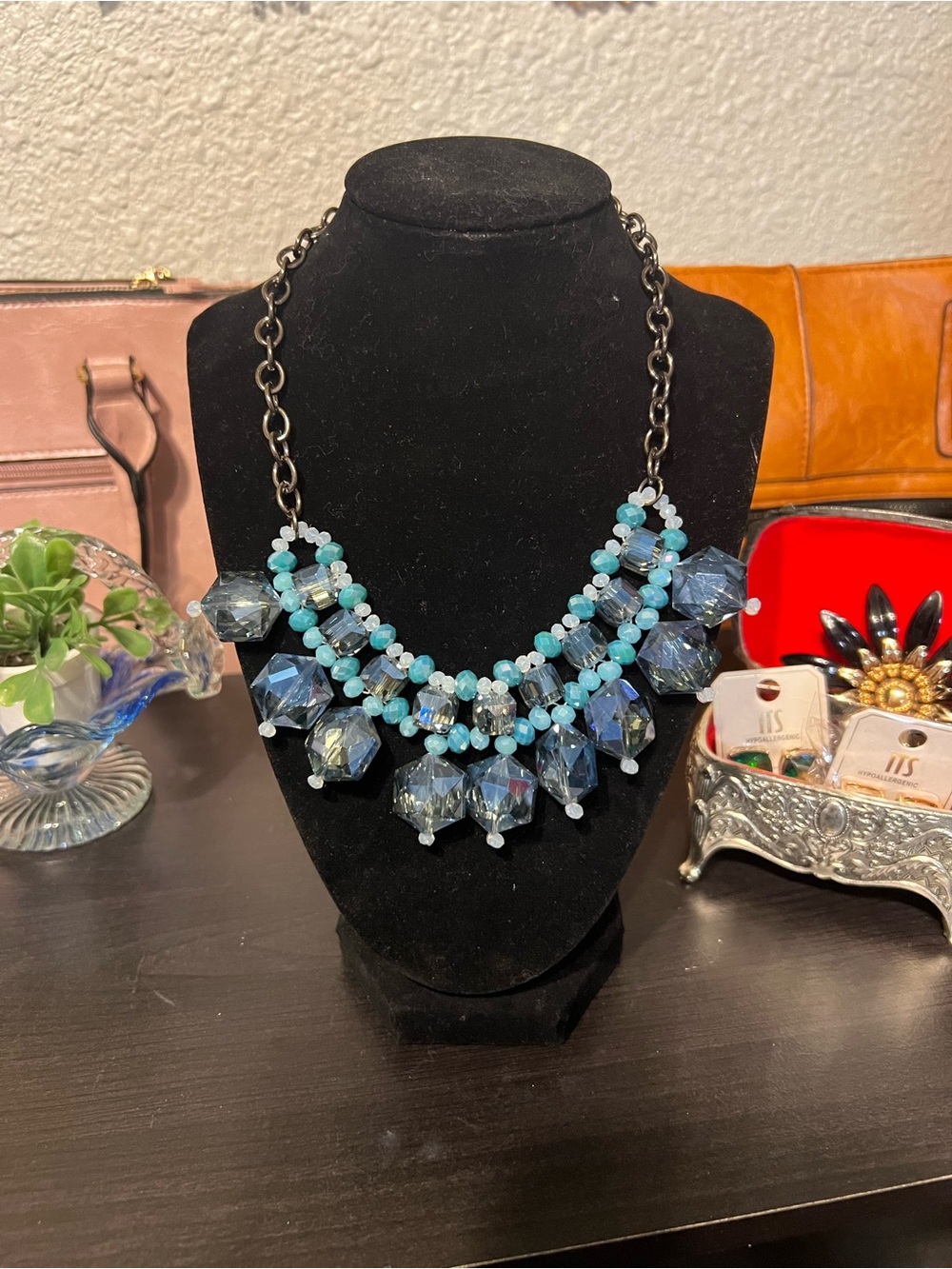 Chic Blue and Silver Beaded Necklace